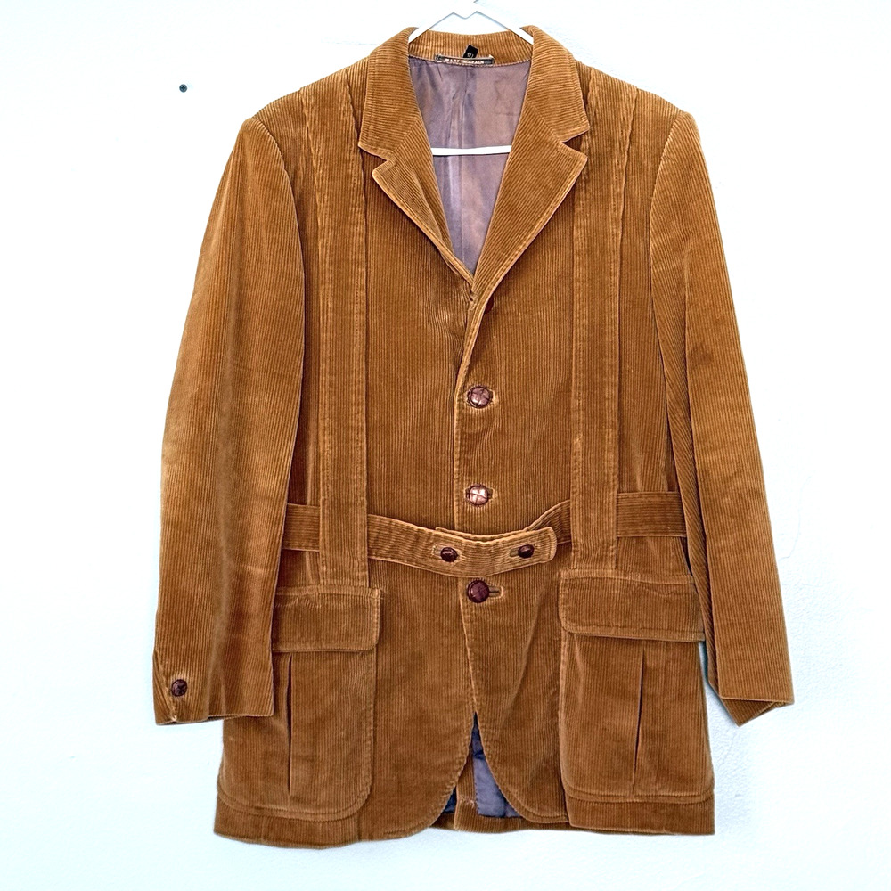 Alfred of New York VINTAGE Blazer Mens 40 Tan Corduroy Belted Jacket Spain 70s